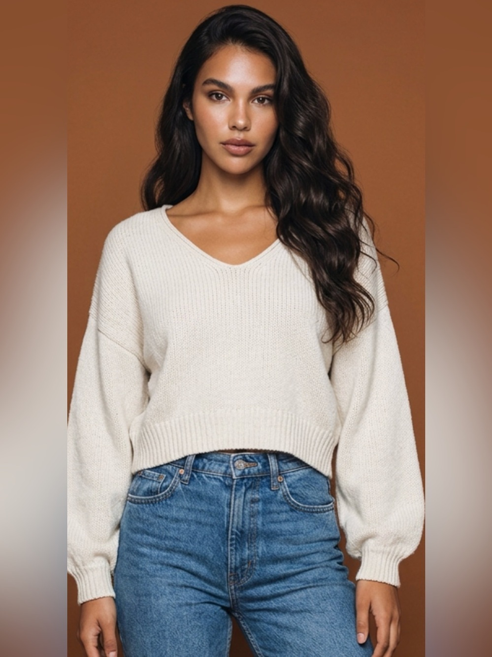 Free People Cream V-Neck Knit Pullover